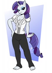 Size: 905x1280 | Tagged: safe, artist:duragan, character:rarity, species:anthro, species:plantigrade anthro, comic:rogue diamond, barefoot, cleavage, clothing, commission, explicit series, feet, female, solo