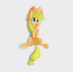 Size: 1608x1586 | Tagged: safe, artist:thefloatingtree, character:applejack, featureless crotch, female, on back, signature, simple, smiling, solo