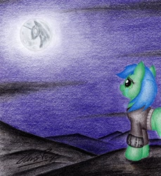 Size: 1024x1117 | Tagged: safe, artist:thechrispony, oc, oc only, oc:scotch tape, fallout equestria, fallout equestria: project horizons, crying, moon, night, sad, traditional art