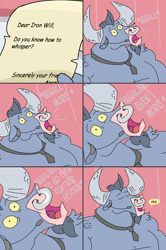 Size: 2010x3020 | Tagged: safe, artist:creepycurse, character:iron will, species:minotaur, ask, ask iron will, comic, dragon ball z, male, solo, tumblr, whispering