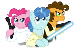 Size: 1024x695 | Tagged: safe, artist:crazynutbob, character:cheese sandwich, character:party favor, character:pinkie pie, species:earth pony, species:pony, blaster, crossover, energy weapon, female, gun, han solo, handgun, hooves, lightsaber, luke skywalker, male, mare, party trio, princess leia, solo, stallion, star wars, weapon