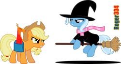Size: 2557x1355 | Tagged: safe, artist:roger334, character:applejack, character:philomena, character:trixie, species:pony, species:unicorn, ponyscape, angry, banjo kazooie, broom, clothing, crossover, female, flying, flying broomstick, gruntilda, hat, inkscape, looking at each other, mare, nintendo 64, saddle bag, simple background, smirk, transparent background, vector, witch, witch hat