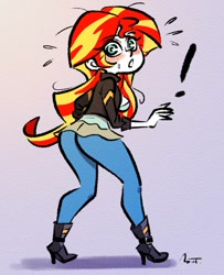 Size: 650x800 | Tagged: safe, artist:mojot, character:sunset shimmer, species:human, my little pony:equestria girls, ass, bunset shimmer, clothing, daily sunset, female, humanized, leggings, solo, surprised