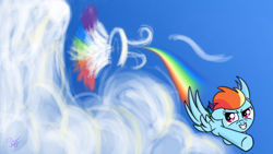 Size: 1920x1080 | Tagged: safe, artist:twilightsquare, character:rainbow dash, species:pegasus, species:pony, g4, my little pony: friendship is magic, cloud, female, filly, filly rainbow dash, flying, open mouth, sky, smiling, solo, sonic rainboom, spread wings, wings, younger