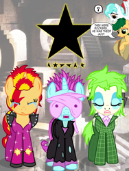 Size: 1200x1600 | Tagged: safe, artist:violetclm, character:cherry crash, character:drama letter, character:mystery mint, character:paisley, character:sunset shimmer, character:watermelody, species:pony, g4, my little pony:equestria girls, alternate hairstyle, background human, blackstar, cherry crash, clothing, crying, david bowie, equestria girls ponified, labyrinth, ponified, rest in peace, shimmer six, suit, sweet leaf