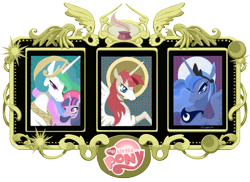 Size: 1600x1164 | Tagged: safe, artist:hinoraito, character:princess celestia, character:princess luna, character:twilight sparkle, oc, oc:fausticorn, species:alicorn, species:pony, alicorn oc, church, faust worship, frame, goddess, icon, lauren faust, my little pony logo, nimbus, religion, simple background, transparent background, trinity