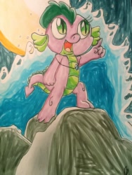 Size: 720x960 | Tagged: safe, artist:chiptunebrony, character:barb, character:spike, comic cover, copic, excited, heroic posing, manga style, moon, night sky, open mouth, pointing, rock, rule 63, smiling, solo, standing, tidal wave, traditional art