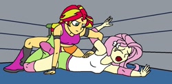 Size: 1024x502 | Tagged: safe, artist:avispaneitor, character:fluttershy, character:sunset shimmer, my little pony:equestria girls, clothing, equestria girls outfit, equestria girls wrestling series, midriff, sports bra, submission, submission hold, tank top, wrestling