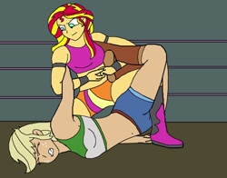 Size: 1010x792 | Tagged: safe, artist:avispaneitor, character:applejack, character:sunset shimmer, my little pony:equestria girls, belly button, clothing, equestria girls wrestling series, midriff, sports bra, submission, submission hold, wrestling, wrestling ring