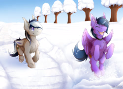Size: 2200x1600 | Tagged: safe, artist:colarix, oc, oc only, oc:daturea eventide, oc:feather freight, species:bat pony, species:pegasus, species:pony, chest fluff, collar, eyes closed, fluffy, open mouth, outdoors, pet play, playing, snow, tree, winter