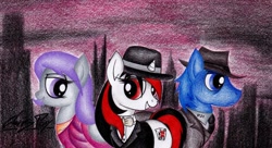 Size: 1024x558 | Tagged: safe, artist:thechrispony, oc, oc only, oc:blackjack, oc:morning glory (project horizons), oc:p-21, fallout equestria, fallout equestria: project horizons, boardwalk empire, clothing, crossover, gangster, hat, suit, traditional art