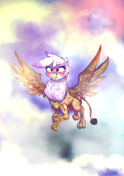 Size: 2036x2879 | Tagged: safe, artist:doubt, character:gilda, species:griffon, blushing, cloud, female, flying, sky, solo