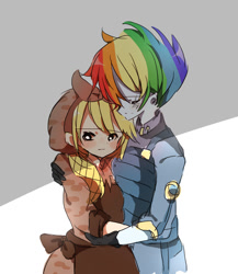 Size: 917x1057 | Tagged: safe, artist:lotte, character:applejack, character:rainbow dash, ship:appledash, episode:the cutie re-mark, my little pony:equestria girls, alternate timeline, alternate universe, anime, apocalypse dash, applecalypsejack, applelove, armor, blushing, crying, crystal war timeline, embrace, eyes closed, female, hug, humanized, lesbian, looking away, sad, shipping, size difference, smiling