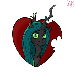 Size: 600x600 | Tagged: safe, artist:briarspark, character:queen chrysalis, species:changeling, bite mark, female, heart, smiling, solo
