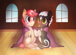 Size: 3066x2219 | Tagged: safe, artist:pingwinowa, oc, oc only, oc:intrepid charm, species:pony, species:unicorn, blanket, cold, cuddling, fairy filly (filly funtasia), filly (filly funtasia), filly funtasia, male, shivering, snuggling, stallion, willow (filly funtasia)