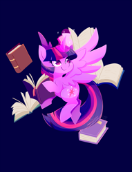 Size: 975x1275 | Tagged: safe, artist:sharmie, character:twilight sparkle, character:twilight sparkle (alicorn), species:alicorn, species:pony, book, bookhorse, female, flying, magic, mare, smiling, solo, telekinesis