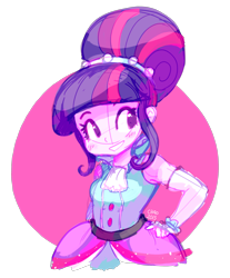 Size: 1280x1549 | Tagged: safe, artist:sharmie, character:twilight sparkle, character:twilight sparkle (scitwi), species:eqg human, equestria daily, episode:friendship through the ages, g4, my little pony: equestria girls, my little pony:equestria girls, abstract background, clothing, dress, female, hand on hip, simple background, smiling, solo