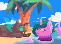 Size: 1280x934 | Tagged: safe, artist:sharmie, oc, oc only, species:changeling, species:sea pony, cloud, duo, fangs, frown, island, open mouth, palm tree, smiling, tree