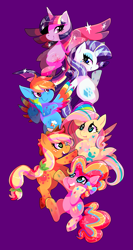 Size: 1023x1920 | Tagged: safe, artist:sharmie, character:applejack, character:fluttershy, character:pinkie pie, character:rainbow dash, character:rarity, character:twilight sparkle, character:twilight sparkle (alicorn), species:alicorn, species:pony, bedroom eyes, chibi, female, mane six, mare, open mouth, rainbow power, simple background, smiling, sparkles
