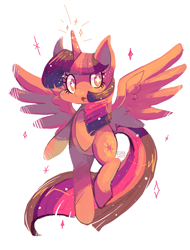 Size: 1035x1360 | Tagged: safe, artist:sharmie, character:twilight sparkle, character:twilight sparkle (alicorn), species:alicorn, species:pony, female, flying, looking at you, mare, simple background, solo, sparkles, white background