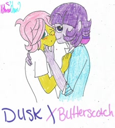 Size: 1024x1137 | Tagged: safe, artist:xxfluffypachirisuxx, character:fluttershy, character:twilight sparkle, oc:dusk shine, ship:twishy, my little pony:equestria girls, blushing, butterscotch, buttershine, equestria guys, gay, humanized, male, rule 63, shipping, smug, traditional art