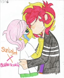 Size: 1024x1247 | Tagged: safe, artist:xxfluffypachirisuxx, character:fluttershy, character:sunset shimmer, ship:sunshyne, my little pony:equestria girls, blushing, butterscotch, crying, equestria guys, eyes closed, gay, glarescotch, humanized, kissing, male, rule 63, shipping, sunset glare, tears of joy, traditional art