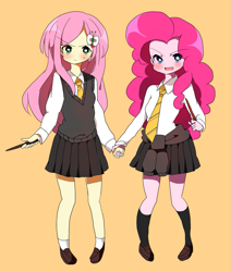 Size: 1023x1208 | Tagged: safe, artist:lotte, character:fluttershy, character:pinkie pie, my little pony:equestria girls, blushing, clothing, duo, harry potter, holding hands, hufflepuff, looking at you, magic wand, necktie, orange background, pleated skirt, school uniform, shoes, simple background, skirt, socks, sweater, sweater vest