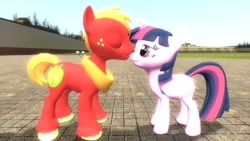Size: 1360x768 | Tagged: safe, artist:mk513, character:big mcintosh, character:twilight sparkle, character:twilight sparkle (alicorn), species:alicorn, species:pony, ship:twimac, 3d, 3d model, female, gmod, kissing, male, mare, shipping, straight