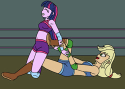 Size: 1024x728 | Tagged: safe, artist:avispaneitor, character:applejack, character:twilight sparkle, my little pony:equestria girls, belly button, equestria girls wrestling series, midriff, submission, submission hold, wrestling, wrestling ring