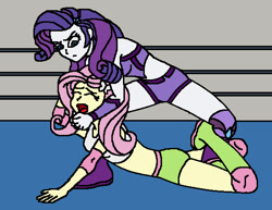 Size: 564x436 | Tagged: safe, artist:avispaneitor, character:fluttershy, character:rarity, my little pony:equestria girls, clothing, equestria girls wrestling series, midriff, sports bra, submission, submission hold, wrestling, wrestling ring