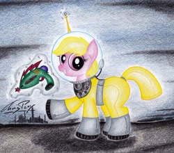 Size: 1024x901 | Tagged: safe, artist:thechrispony, oc, oc only, oc:puppysmiles, species:earth pony, species:pony, fallout equestria, fallout equestria: pink eyes, fanfic, fanfic art, female, filly, foal, gun, hazmat suit, hooves, levitation, looking at you, magic, sentenza, smiling, solo, teeth, telekinesis, traditional art, weapon