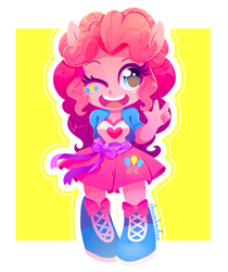Size: 900x1072 | Tagged: safe, artist:sharmie, character:pinkie pie, my little pony:equestria girls, chibi, doll, equestria girls minis, female, open mouth, peace sign, smiling, solo, toy, wink