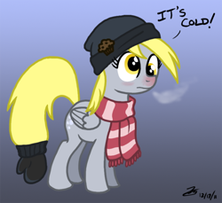 Size: 530x485 | Tagged: safe, artist:zicygomar, character:derpy hooves, species:pegasus, species:pony, beanie, clothing, cold, female, gradient background, hat, mittens, scarf, solo