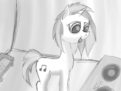 Size: 1600x1200 | Tagged: safe, artist:flashiest lightning, character:dj pon-3, character:vinyl scratch, black and white, grayscale, music, sketch