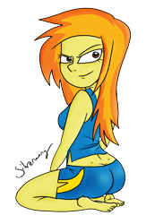 Size: 4740x7254 | Tagged: safe, artist:silverwing, character:spitfire, my little pony:equestria girls, absurd resolution, ass, barefoot, bedroom eyes, buttcrack, clothing, dimples of venus, feet, female, humanized, kneeling, looking at you, looking back, sexy, shorts, smiling, solo, wonderbolts, workout