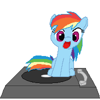 Size: 200x200 | Tagged: safe, artist:tomdantherock, character:rainbow dash, species:pegasus, species:pony, animated, cute, dashabetes, dawwww, female, filly, gif, gif for breezies, good trick, loop, open mouth, picture for breezies, record player, simple background, sitting, smiling, solo, spinning, transparent background, turntable, turntable pony