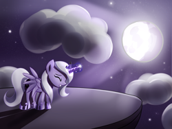 Size: 1600x1200 | Tagged: safe, artist:fajeh, character:princess luna, species:pony, celestial mechanics, eyes closed, female, filly, moon, moon work, solo, woona