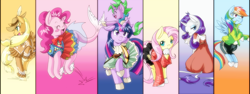 Size: 1642x615 | Tagged: safe, alternate version, artist:boastudio, artist:rmzero, character:applejack, character:fluttershy, character:pinkie pie, character:rainbow dash, character:rarity, character:twilight sparkle, character:twilight sparkle (alicorn), species:alicorn, species:earth pony, species:pegasus, species:pony, species:unicorn, alternate costumes, alternate hairstyle, alternate universe, asian dress, asian pony, clothing, double tail, double tail unicorn, europe, female, hybrid, italian, mare, merpony, mexican, pagliacci costume, ponified spike, russian, russian dress, spanish, sports, sports shorts, tamaulipas typical dress, unicornio de doble cola