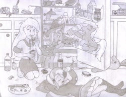 Size: 3259x2518 | Tagged: safe, artist:poseidonathenea, character:derpy hooves, character:sonata dusk, character:trixie, my little pony:equestria girls, food, human ponidox, i emptied your fridge, messy eating, missing shoes, monochrome, pencil drawing, ponidox, ponidox world, refrigerator, traditional art