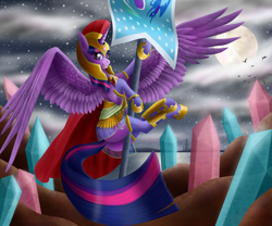 Size: 1350x1125 | Tagged: safe, artist:szafir87, character:twilight sparkle, character:twilight sparkle (alicorn), species:alicorn, species:bird, species:pony, armor, athena sparkle, big wings, crystal, equestrian flag, female, flag, mare, moon, plot, solo, twibutt