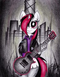 Size: 1024x1304 | Tagged: safe, artist:thechrispony, oc, oc only, oc:blackjack, species:pony, species:unicorn, fallout equestria, fallout equestria: project horizons, bipedal, cyborg, fanfic, fanfic art, female, guitar, hoofington, hooves, horn, level 1 (project horizons), looking at you, mare, metal, smiling, solo, traditional art