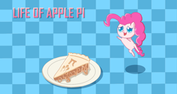 Size: 1810x961 | Tagged: safe, artist:chiptunebrony, character:pinkie pie, abstract background, adorkable, alphabet, apple, apple pie, apple slices, cute, dork, filling, food, greek, greek alphabet, pi, pi day, pie, plate, pounce, puppy dog eyes, smiling, wallpaper