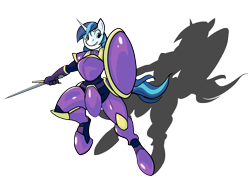 Size: 5001x3640 | Tagged: safe, artist:rubbermage, character:shining armor, species:anthro, species:unguligrade anthro, armor, female, gleaming shield, rule 63, shield, simple background, solo, sword, transparent background, weapon