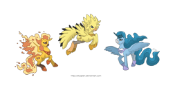 Size: 1280x687 | Tagged: safe, artist:almairis, articuno, crossover, ethereal mane, fiery wings, legendary pokémon, mane of fire, moltres, pokémon, ponymon, simple background, spread wings, transparent background, trio, wings, zapdos