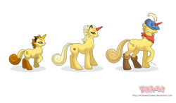 Size: 1280x746 | Tagged: safe, artist:almairis, species:pony, species:unicorn, boots, clothing, colored horn, crossover, evolution chart, family, female, filly, foal, hat, male, mare, meowth, neckerchief, persian, pokémon, ponymon, simple background, stallion, transparent background