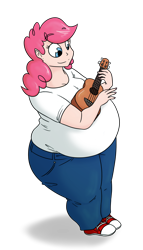 Size: 800x1400 | Tagged: dead source, safe, artist:bigponiesinc, character:pinkie pie, species:human, ask feedee twilight, bbw, fat, female, humanized, musical instrument, obese, piggy pie, pudgy pie, smiling, solo, ukulele
