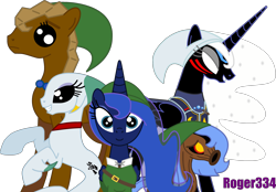 Size: 3121x2175 | Tagged: safe, artist:roger334, character:nightmare moon, character:princess luna, ponyscape, deku link, fierce deity mask, goron, happy, inkscape, merpony, ponified, simple background, smiling, the legend of zelda, the legend of zelda: majora's mask, transparent background, vector, zora, zora pony