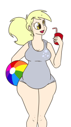 Size: 700x1250 | Tagged: dead source, safe, artist:bigponiesinc, character:derpy hooves, species:human, aderpose, alternate hairstyle, beach ball, belly, bendy straw, breasts, busty derpy hooves, chubby, cleavage, clothing, cute, cutie mark on clothes, derpabetes, drink, drinking straw, fat, female, freckles, humanized, one-piece swimsuit, open mouth, plump, ponytail, simple background, smiling, solo, swimsuit, transparent background, wide hips