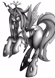 Size: 1024x1450 | Tagged: safe, artist:doubt, character:queen chrysalis, species:changeling, changeling queen, female, grayscale, monochrome