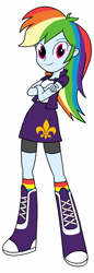 Size: 438x1280 | Tagged: safe, artist:blondenobody, artist:starbolt-81, character:fleur-de-lis, character:rainbow dash, my little pony:equestria girls, 3rd street saints, alternate costumes, boots, clothing, compression shorts, crossed arms, description is relevant, female, looking at you, saints row, shorts, simple background, skirt, socks, solo